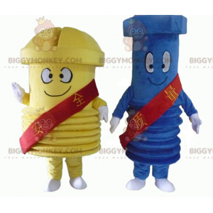 2 mascot BIGGYMONKEY™s of giant screws one blue and one yellow